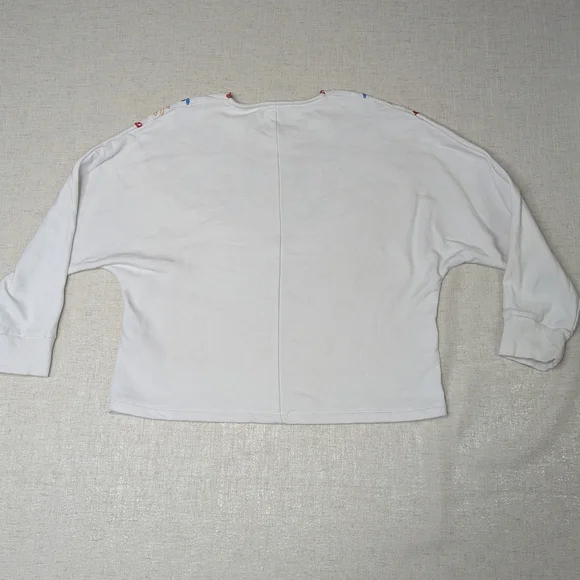 ZARA White Embroidered Floral Sweatshirt Puff Sleeve 100% Cotton Sz S - Picture 2 of 9